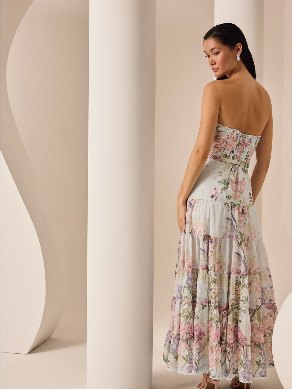 Charo Ruiz Danny Dress Strapless Floral Tiered Maxi Dress in pale blue, pastels - Picture 3 of 6